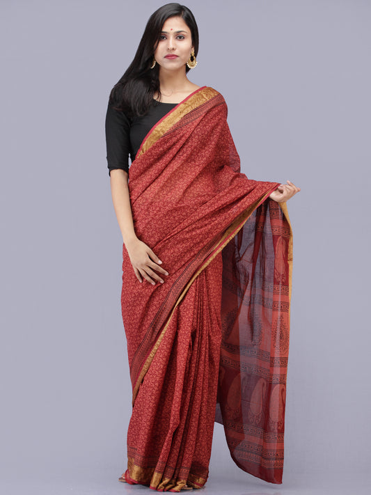 Rust Maroon Black Bagh Printed Maheshwari Cotton Saree - S031704182