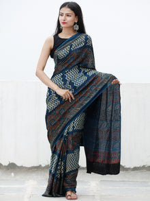Indigo Maroon Beige Black Ajrakh Hand Block Printed Modal Silk Saree in Natural Colors - S031703719