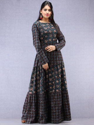 Nazafarin - Hand Block Printed Long Cotton Tier Dress - D95F1346