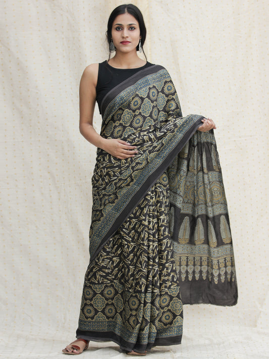 Charcoal Black Indigo Olive green Ajrakh Hand Block Printed Modal Silk Saree - S031704139