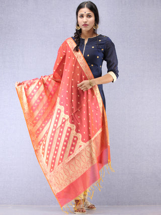 Banarasi Chanderi Dupatta With Zari Work - Red & Gold - D04170816
