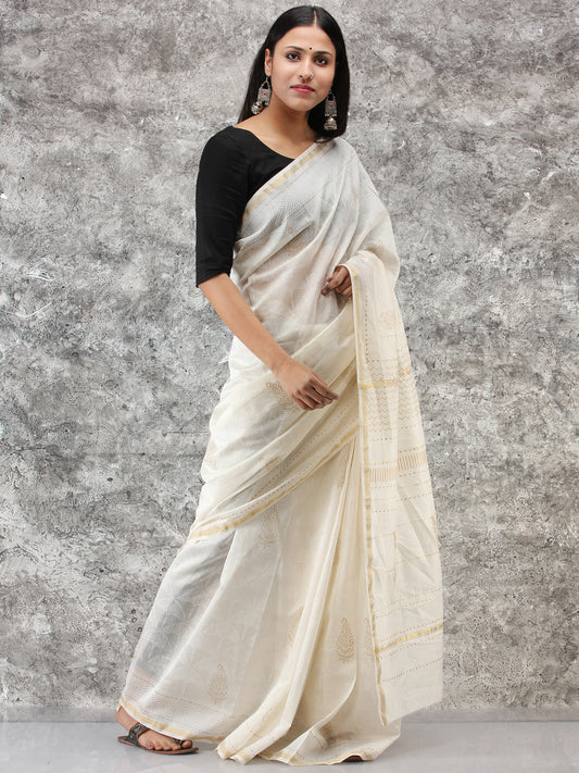 White Golden Hand Block Printed Maheshwari Silk Saree With Zari Border - S031704513