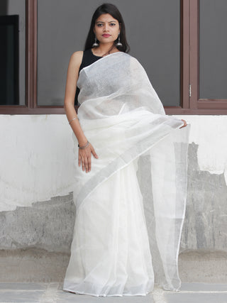 White  Silver Handwoven Linen Embroidered  Saree With Zari Border - S031704096
