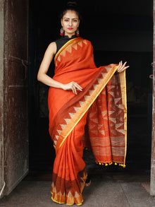 Rust Golden Handwoven Linen Jamdani Saree With Temple Border & Tassels - S031704021