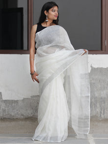 White  Silver Handwoven Linen Embroidered  Saree With Zari Border - S031704096