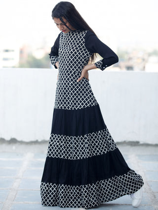 DARK BRIGHT - Hand Block Printed Cotton Long Dress  - D335F1741