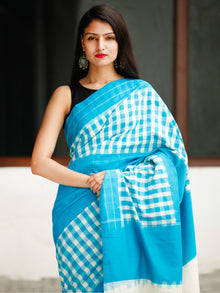 Sky Blue White Ikat Handwoven Cotton Saree - S031704052
