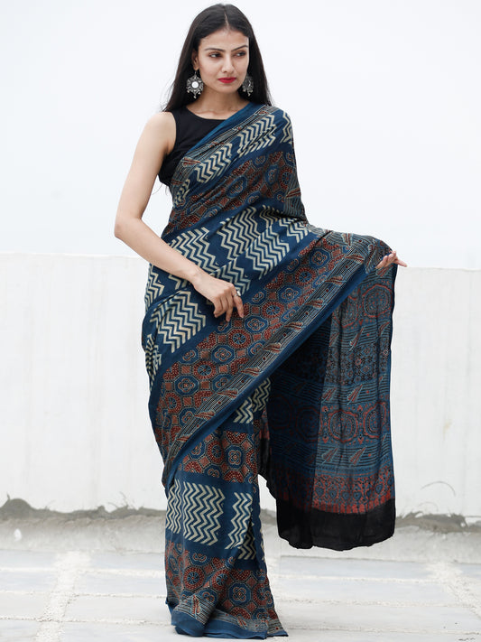 Indigo Maroon Beige Black Ajrakh Hand Block Printed Modal Silk Saree in Natural Colors - S031703719