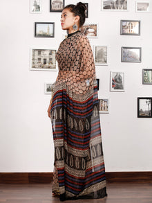 Beige Black Red Indigo Hand Block Printed Chiffon Saree with Zari Border - S031703171