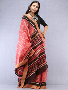 Pastel Pink Ivory Black Hand Block Printed Chanderi Saree With Geecha Border - S031704526