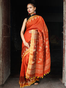 Rust Golden Handwoven Linen Jamdani Saree With Temple Border & Tassels - S031704021