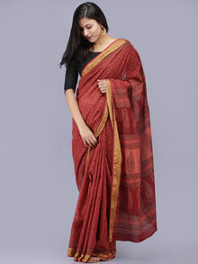 Rust Maroon Black Bagh Printed Maheshwari Cotton Saree - S031704182