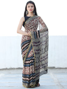 Ivory Maroon Indigo Hand Block Printed Chiffon Saree with Zari Border - S031703935