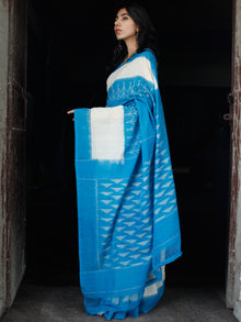 Sky Blue White Ikat Handwoven Mercerised Cotton Saree - S031703535
