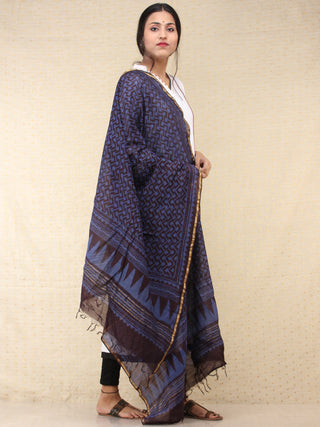 Indigo Blue Black Chanderi Hand Block Printed Dupatta - D04170709
