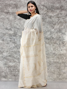 White Golden Hand Block Printed Maheshwari Silk Saree With Zari Border - S031704513