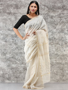 White Golden Hand Block Printed Maheshwari Silk Saree With Zari Border - S031704513