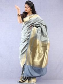 Banarasee Chanderi Silk Paisley Saree With Zari Border - Blue Grey & Gold - S031704332