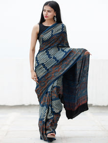 Indigo Maroon Beige Black Ajrakh Hand Block Printed Modal Silk Saree in Natural Colors - S031703719
