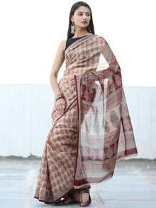Ivory Red Bagh Hand Block Printed Kota Doria Saree - S031703897