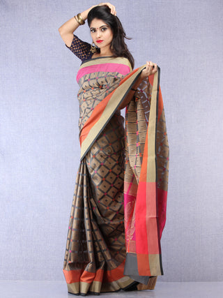 Banarasee Super Net Saree With Zari Border - Grey Pink & Antique Gold - S031704429