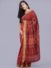 Rust Maroon Black Bagh Printed Maheshwari Cotton Saree - S031704182