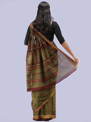 Olive Green Maroon Black Bagh Printed Maheshwari Cotton Saree - S031704249