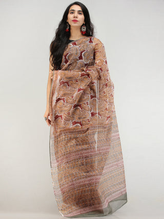 Maroon Mustard Grey Hand Block Printed Kota Doria Saree  - S031704574