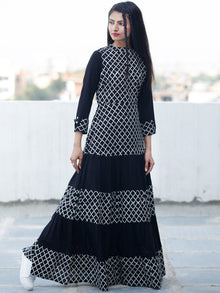 DARK BRIGHT - Hand Block Printed Cotton Long Dress  - D335F1741
