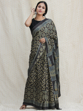 Charcoal Black Indigo Olive green Ajrakh Hand Block Printed Modal Silk Saree - S031704139