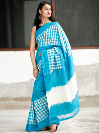 Sky Blue White Ikat Handwoven Cotton Saree - S031704052