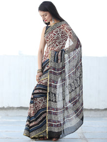 Ivory Maroon Indigo Hand Block Printed Chiffon Saree with Zari Border - S031703935