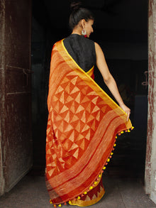 Rust Golden Handwoven Linen Jamdani Saree With Temple Border & Tassels - S031704021