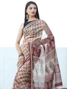 Ivory Red Bagh Hand Block Printed Kota Doria Saree - S031703897