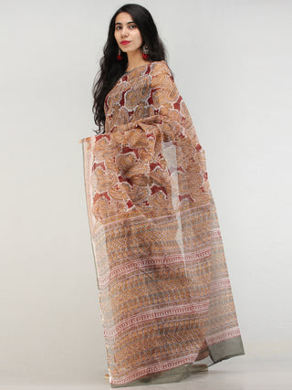 Maroon Mustard Grey Hand Block Printed Kota Doria Saree  - S031704574