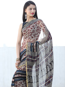 Ivory Maroon Indigo Hand Block Printed Chiffon Saree with Zari Border - S031703935