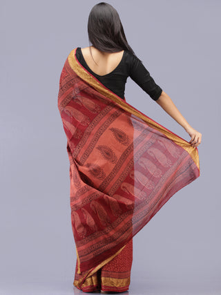 Rust Maroon Black Bagh Printed Maheshwari Cotton Saree - S031704182