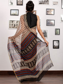 Beige Black Red Indigo Hand Block Printed Chiffon Saree with Zari Border - S031703171