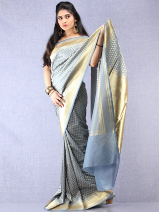 Banarasee Chanderi Silk Paisley Saree With Zari Border - Blue Grey & Gold - S031704332