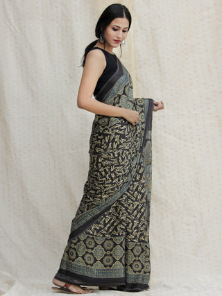 Charcoal Black Indigo Olive green Ajrakh Hand Block Printed Modal Silk Saree - S031704139