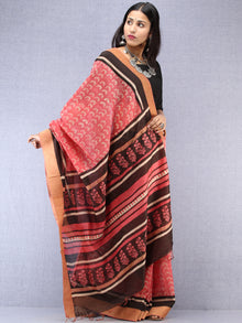 Pastel Pink Ivory Black Hand Block Printed Chanderi Saree With Geecha Border - S031704526