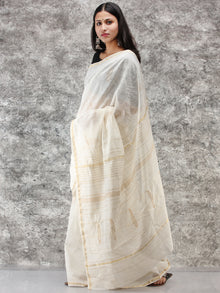 White Golden Hand Block Printed Maheshwari Silk Saree With Zari Border - S031704513