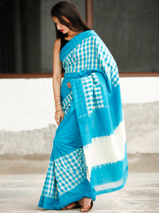 Sky Blue White Ikat Handwoven Cotton Saree - S031704052