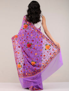 Purple Aari Embroidered Georgette Saree From Kashmir - S031704648
