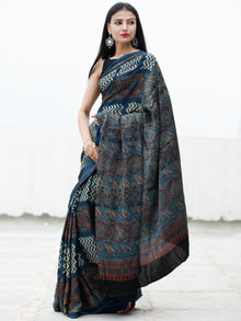 Indigo Maroon Beige Black Ajrakh Hand Block Printed Modal Silk Saree in Natural Colors - S031703719