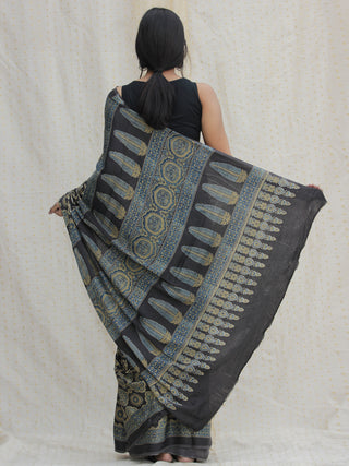 Charcoal Black Indigo Olive green Ajrakh Hand Block Printed Modal Silk Saree - S031704139