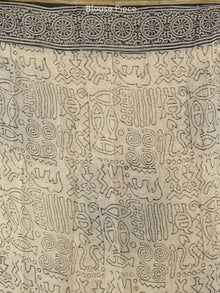 Beige Indigo Brown Hand Block Printed Chiffon Saree with Zari Border - S031703950