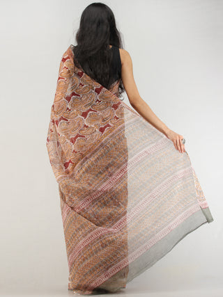 Maroon Mustard Grey Hand Block Printed Kota Doria Saree  - S031704574