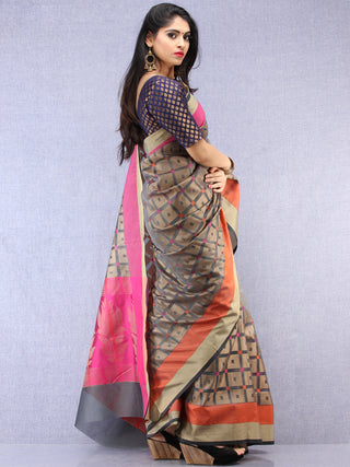 Banarasee Super Net Saree With Zari Border - Grey Pink & Antique Gold - S031704429