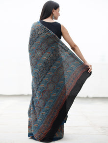 Indigo Maroon Beige Black Ajrakh Hand Block Printed Modal Silk Saree in Natural Colors - S031703719